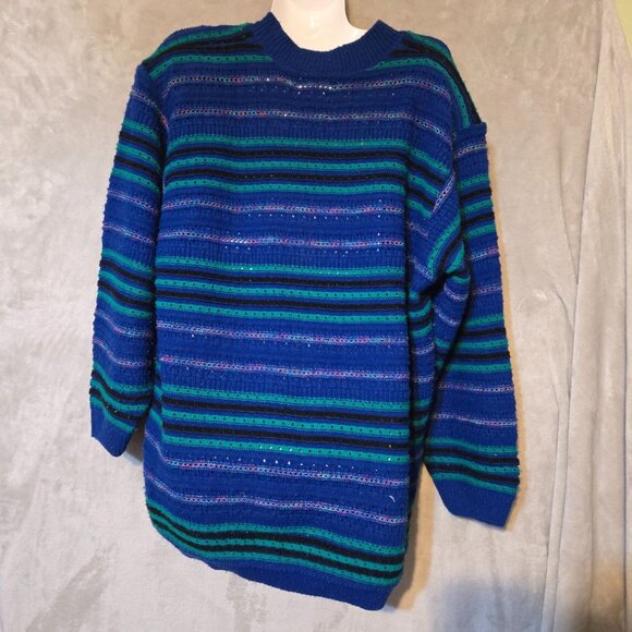 Alfred Dunner Vintage Coogi Style Inspired Striped Knit Sweater Large Blue Green - Picture 5 of 7